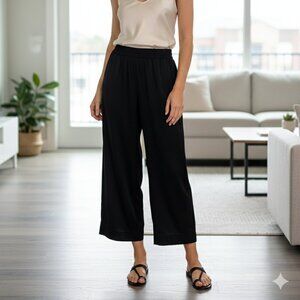 LilySilk Women's Black Cropped Wide Leg Pants - Elastic Back Waist - Size 12